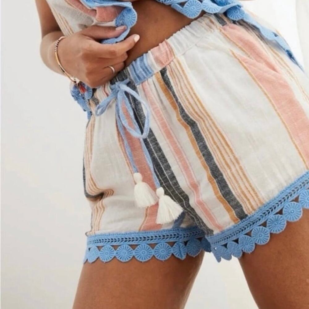 Aerie Striped Crochet Trim Pull On Shorts Blue Pink Boho XS